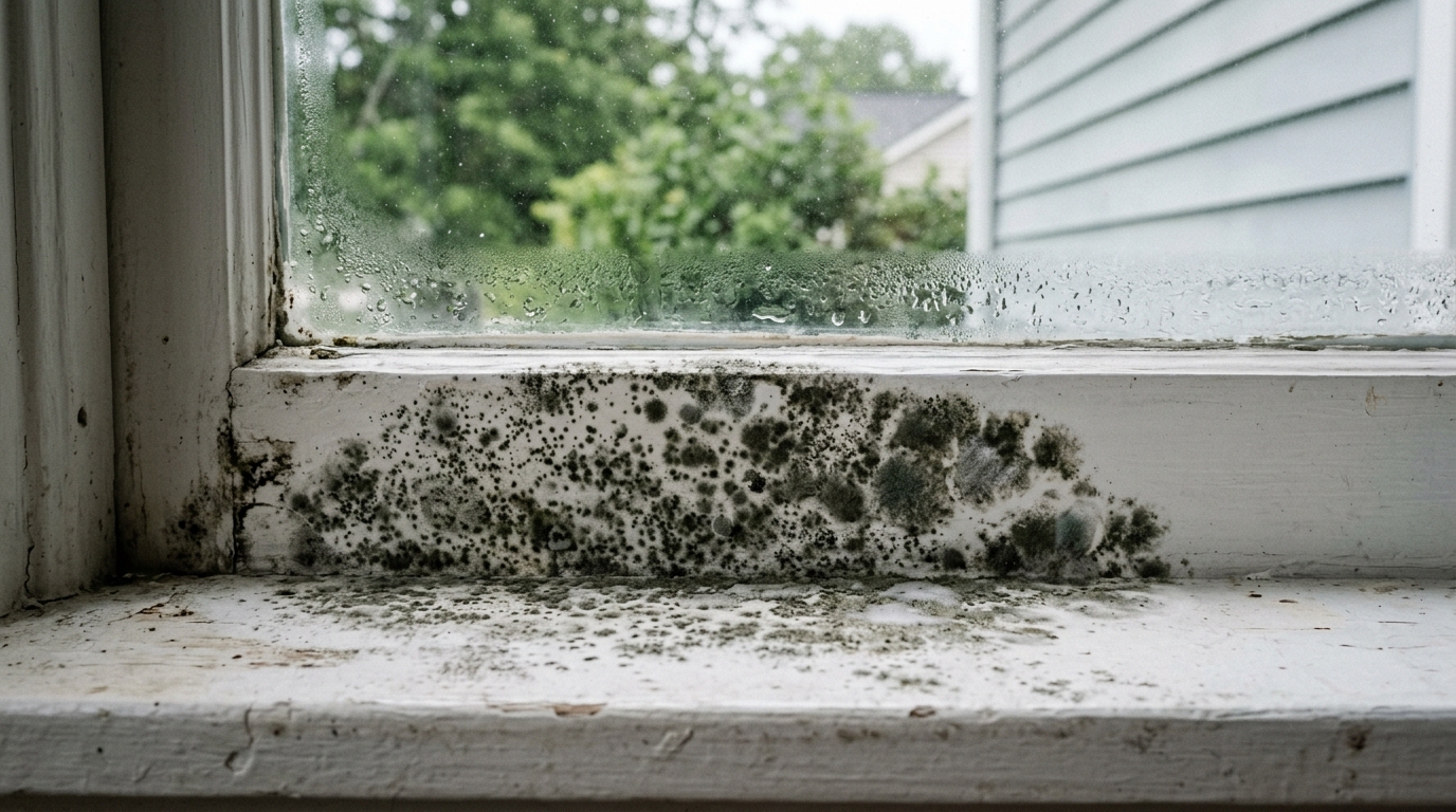 Dense dark green-to-black speckled growth covering the surface of a painted window sill and the adjoining corner trim, with condensation beading on the glass above it