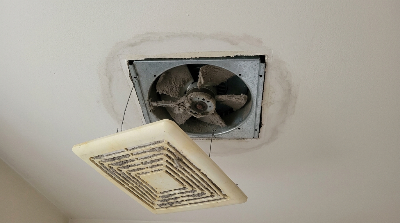 Bathroom exhaust fan cover removed and hanging by its wire, showing dust-caked blades inside the housing and damp discoloration on the painted ceiling around the opening