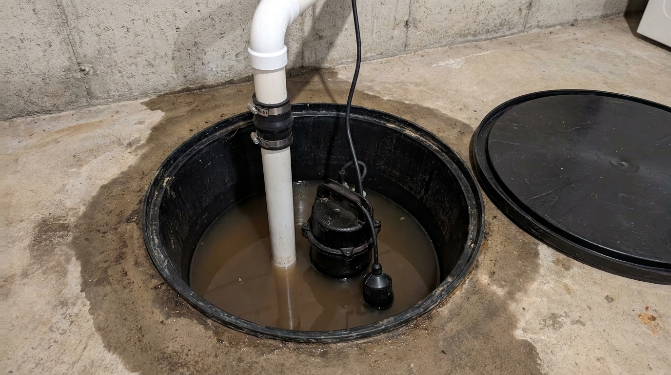 Open sump pit with its black lid set aside on the concrete floor, showing a submersible pump submerged under murky brown water with its tethered float switch hanging alongside and a white PVC discharge pipe rising through a rubber coupling