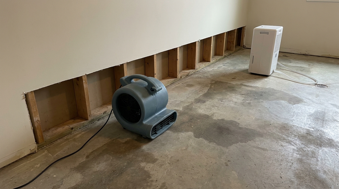 A blue-grey air mover on a bare concrete floor blowing along a wall where the drywall has been cut back to expose the studs and bottom plate, with a white dehumidifier draining to a floor drain further down the same wall