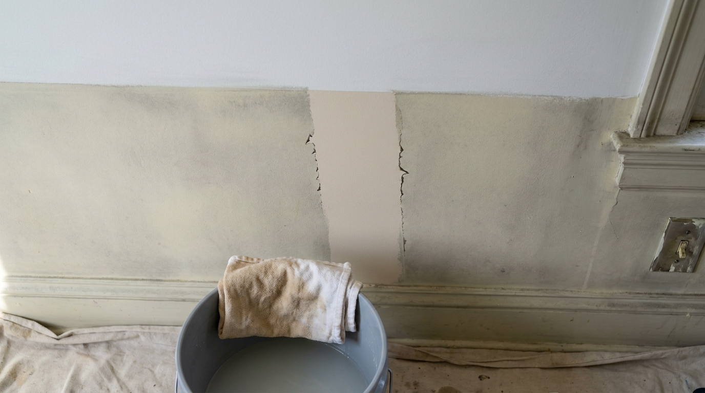 Painted interior wall coated in an even yellow-gray smoke film with one clean vertical stripe wiped through it down to the original pale pink paint, a brown-stained white cloth folded over the rim of a bucket of gray water below, and a painted-over metal light switch plate at the right edge