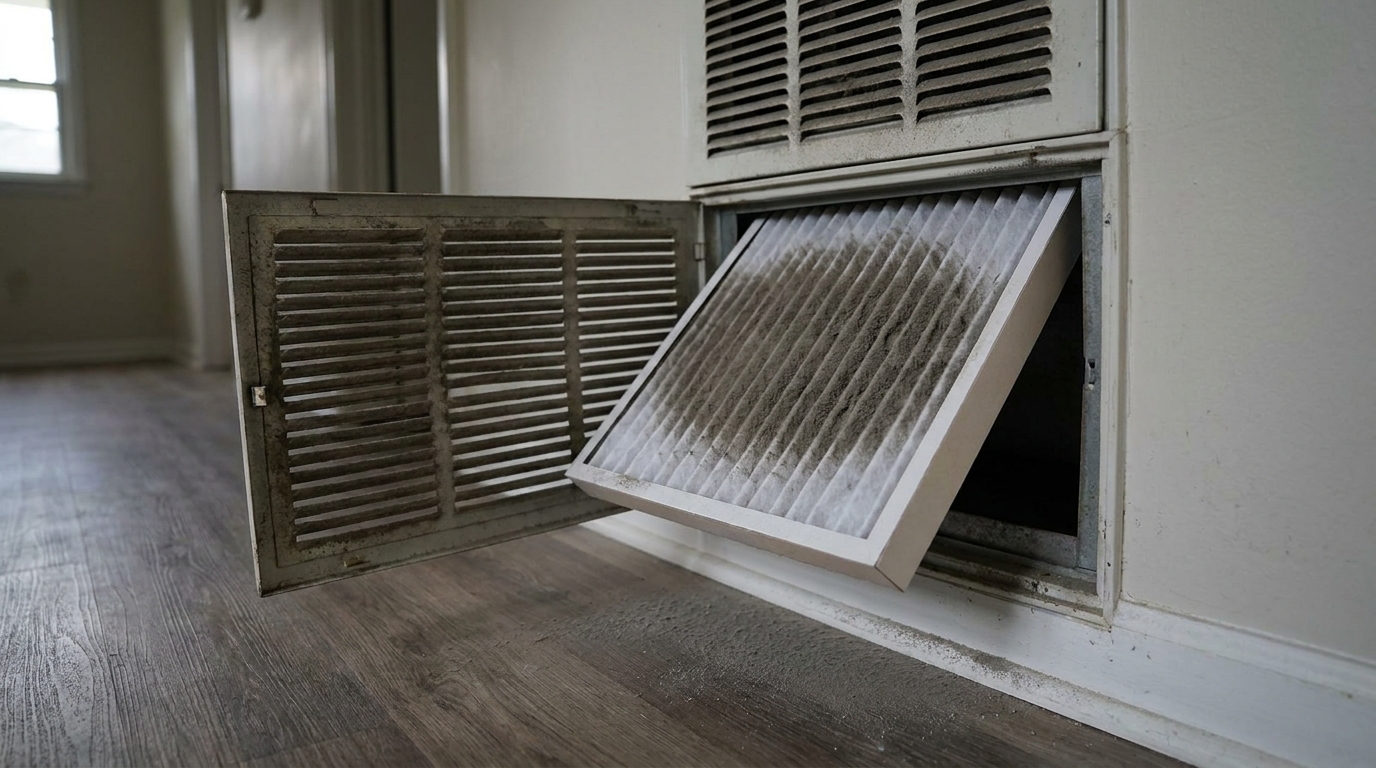 Wall-mounted return-air grille with its hinged louvered door swung open and a pleated air filter pulled halfway out at an angle, the white pleats packed with gray-brown soot that darkens toward the middle, with fine gray dust settled on the baseboard and the wood-look floor below