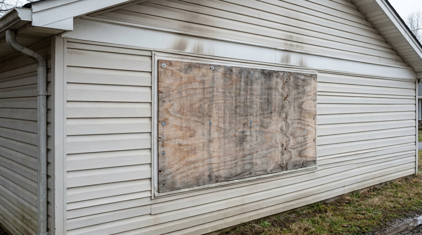 Sheet of unpainted plywood screwed with washers over a window opening in the pale vinyl siding of a single-story house, with gray soot streaking the siding above it and along the eave