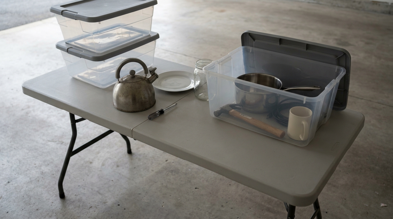 Folding table on a bare garage floor holding an open clear storage tote of undamaged pans, a hammer and a mug, two lidded totes stacked behind it, and a metal kettle, plate and glass jar set out alongside