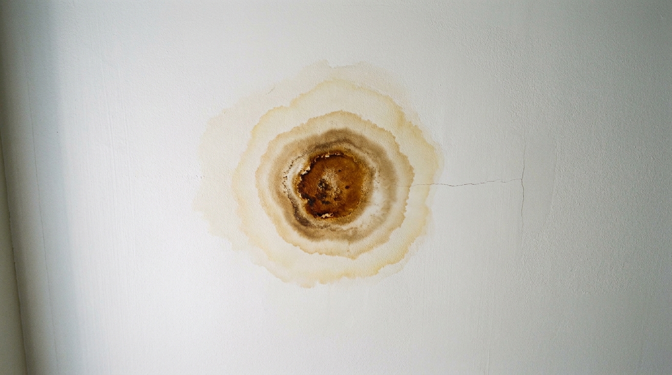 Close view of a painted white ceiling with a brown water stain: a dark rust-brown center where the paint has blistered and flaked, ringed by concentric tan tide lines that fade to pale yellow at a soft outer edge, with a hairline crack running away to the right
