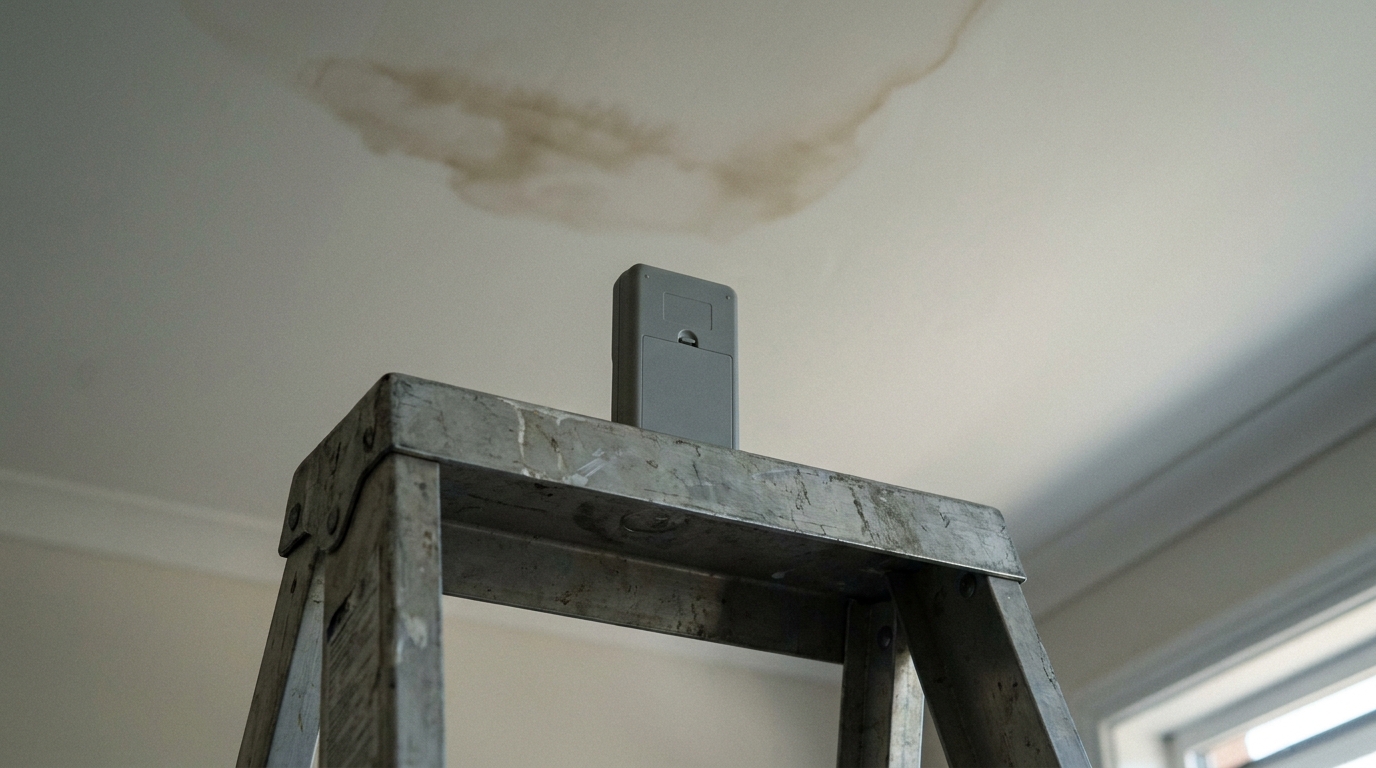 Low-angle view of a plain scuffed aluminum step ladder with a small unmarked gray moisture meter standing on its top cap, its display turned away from the camera, beneath a painted white ceiling carrying the soft brown feathered edge of an old water stain