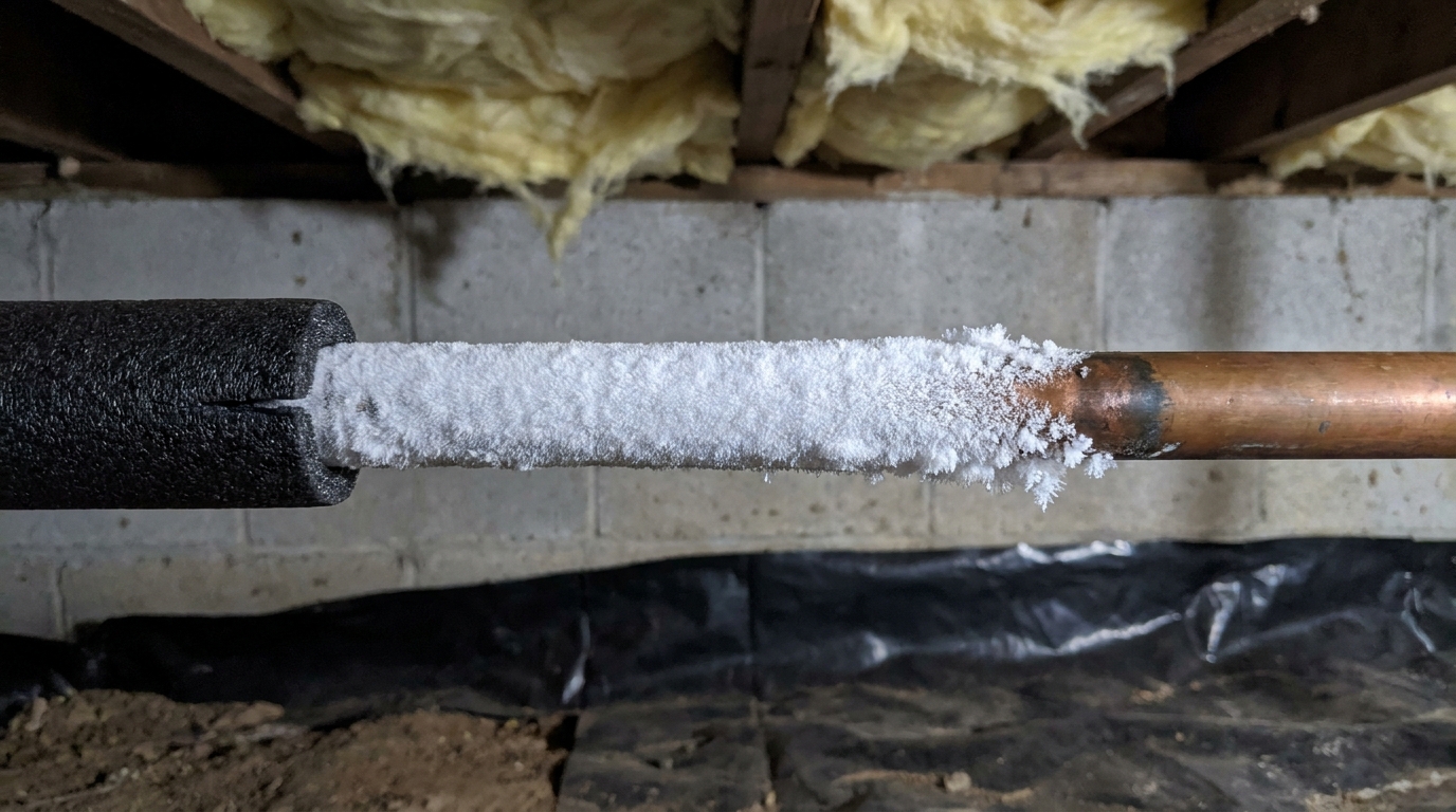 Horizontal copper water supply line in a crawlspace where a black foam insulation sleeve has slid back, leaving the bare pipe caked in thick chalky white frost that feathers into loose crystals before the clean copper continues, with a concrete block foundation wall behind, sagging pale yellow fiberglass insulation between the floor joists above and black plastic sheeting over bare earth below
