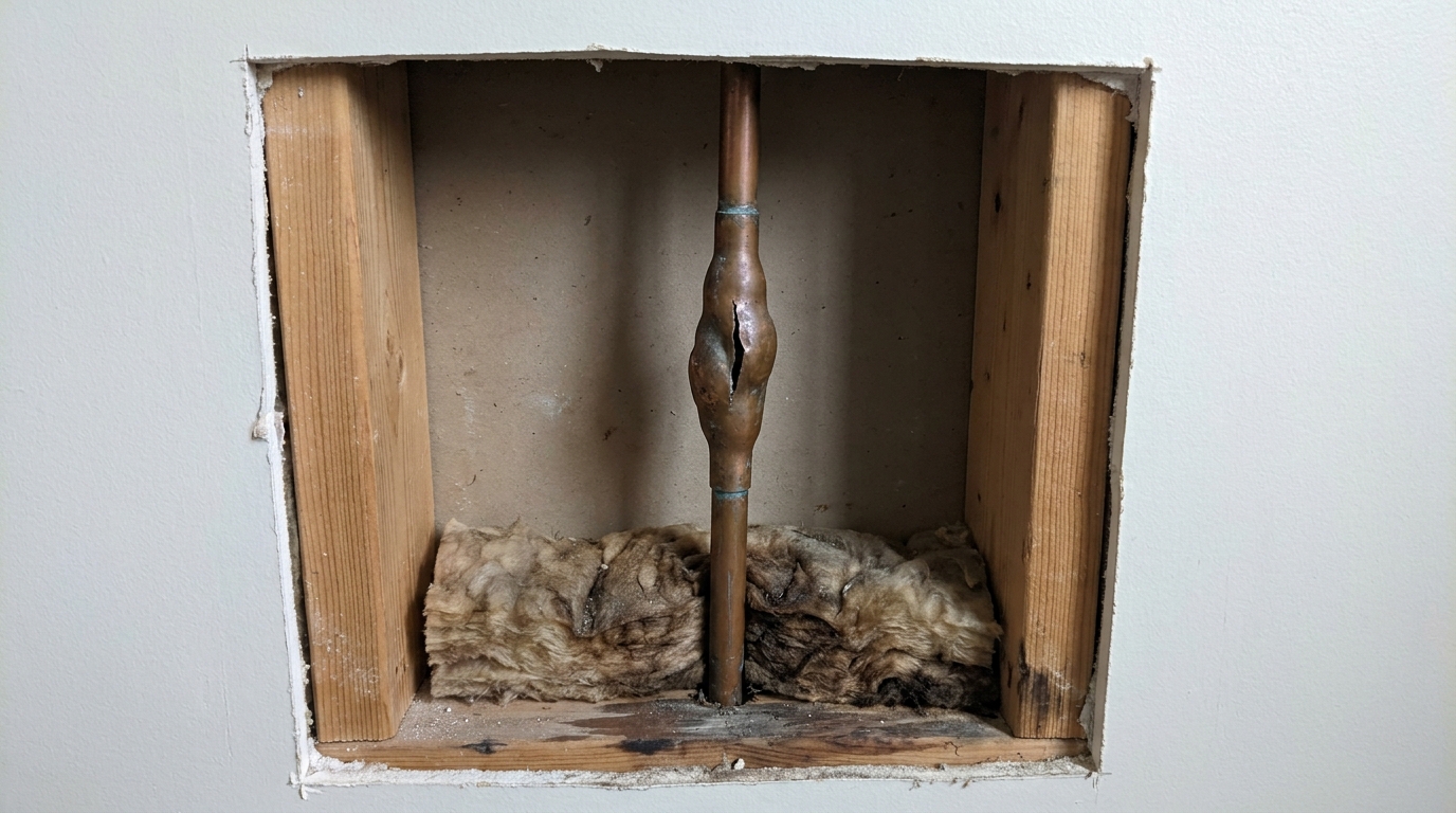 Rough rectangular opening cut through painted drywall to expose a wall cavity between wood studs, with a copper pipe running down the middle that has swollen into a lumpy bulge split open along a ragged lengthwise tear, matted dirt-stained fiberglass insulation slumped below it and the wooden bottom plate stained dark where water has run down