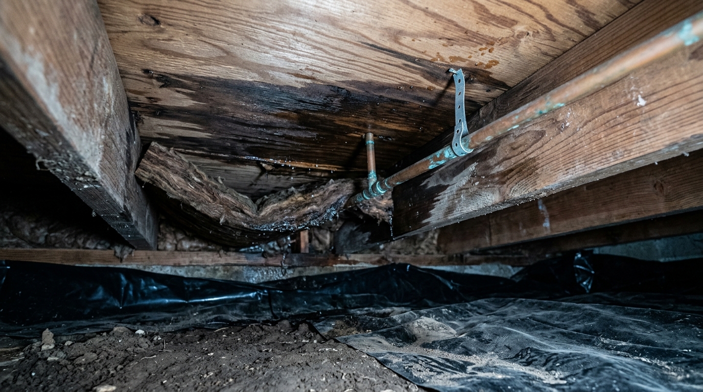 Upward view into a dark crawlspace at rough wood floor joists blackened with moisture staining, a copper water line streaked with green corrosion held by a perforated metal hanger strap, and wet matted insulation sagging over black plastic sheeting on bare earth