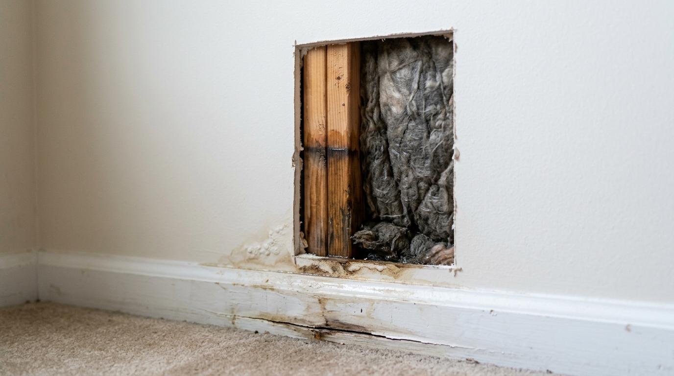 Rectangular inspection cut opened in painted drywall above a white baseboard, exposing a wood stud with a sharp dark horizontal tide line across it, gray matted damp insulation filling the cavity beside it, and blistered paint and rust-colored staining on the swollen baseboard below