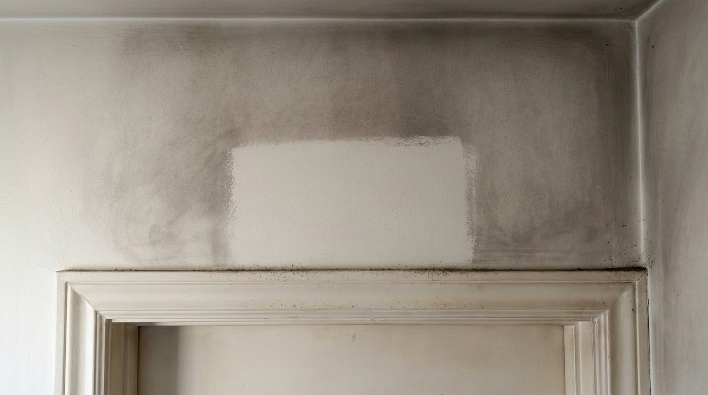 Close view of a painted wall above a molded door casing, coated with a gray-brown film of soot that grows heavier toward the ceiling and the right-hand corner, with a crisp pale rectangle of clean paint where something once hung and gritty soot settled along the top edge of the trim
