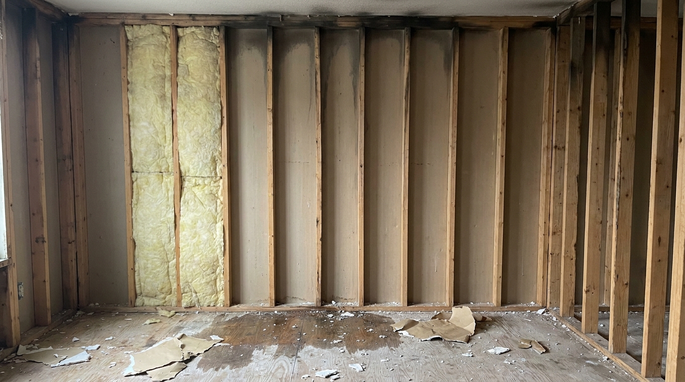Interior wall stripped to bare wood studs, with pale yellow fiberglass batt insulation left in two bays and the rest empty, dark soot staining running along the top plate and down the stud faces, and exposed plywood subfloor below marked with damp patches, drywall crumbs and torn paper