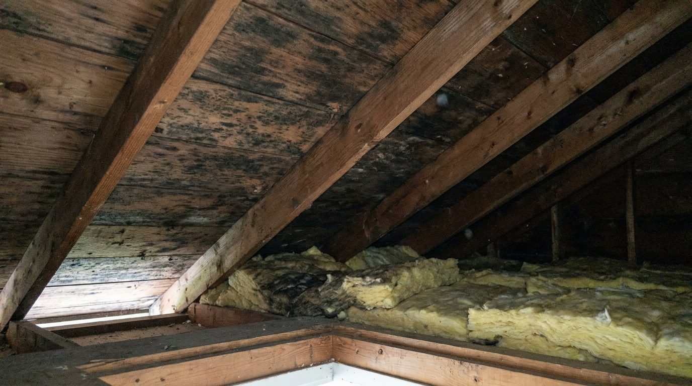 View up into an unfinished attic at rough wood board roof sheathing and bare rafters, the boards blotched with dark gray-black mold staining between the rafters, with yellow fiberglass batt insulation below along the joists and several batts darkened and matted, and pale daylight showing low at the eave on the left