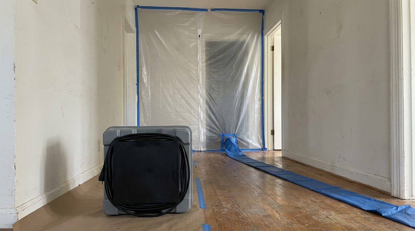 Clear plastic containment sheeting sealed floor to ceiling across a doorway at the end of an empty hallway with blue tape at every seam and a vertical zipper down the middle, a flat blue duct running out through a taped collar at the bottom and along the bare wood floor, and a gray portable air machine standing on brown floor paper in the foreground with its power cord coiled around the back panel