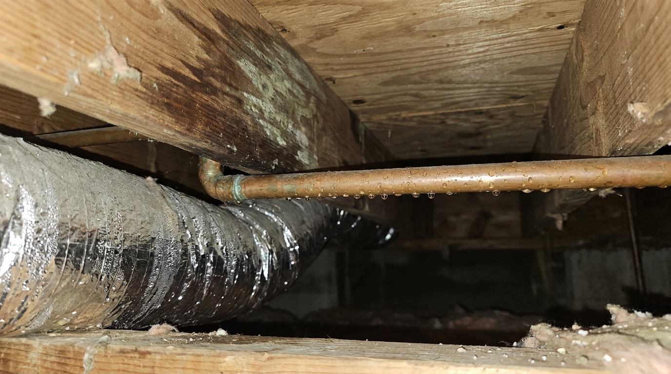 Close view under a crawl space subfloor of a copper water line beaded with condensation and dripping, a damp foil-wrapped flexible duct running beside it, and the face of the joist just above darkened by moisture and patched with pale gray-green growth