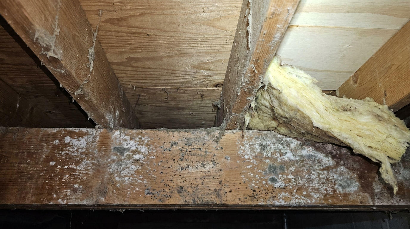 Close view up into a crawl space joist bay where a yellow fiberglass batt hangs loose from the clean pale subfloor above, while the horizontal framing member below it carries patchy white fuzzy growth alongside scattered black speckled colonies on the same board