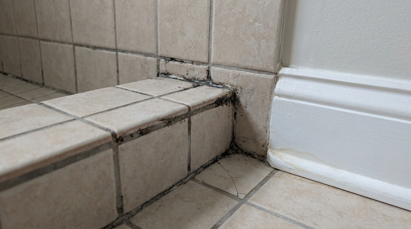 A tiled shower curb and the bottom row of beige wall tile with dark, moldy grout in the joints, a hairline crack in a floor tile beside the curb, and a white baseboard next to the shower with a faint tan stain along its lower edge.
