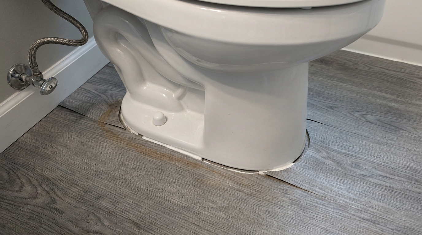 The base of a white toilet on gray wood-look vinyl plank flooring, with a brownish stain on the planks beside the base, plank seams separated around it, gaps in the white caulk line where the toilet meets the floor, a white bolt cap on the base, and a braided supply line running to a chrome shutoff valve on the wall.