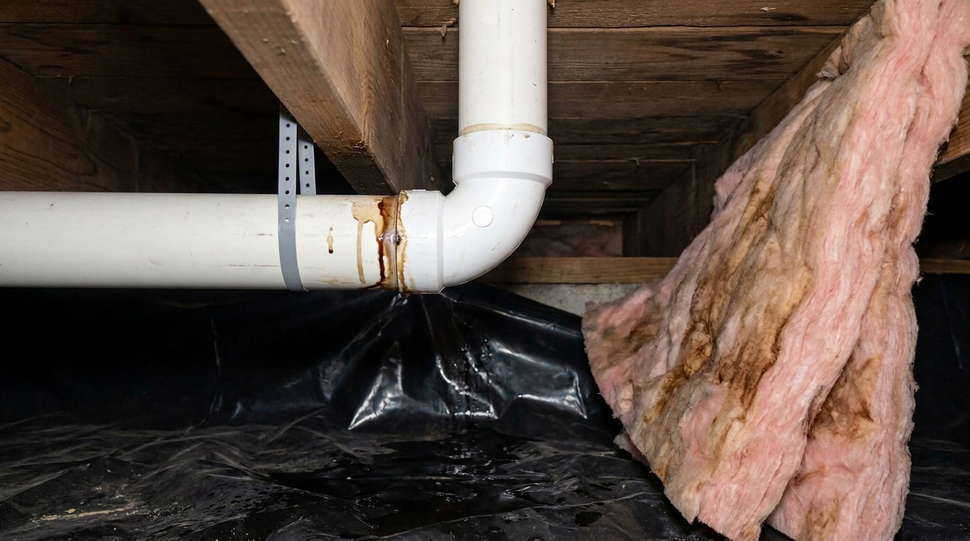 A white plastic drain pipe and elbow fitting under a floor, hung beside a wood joist on gray straps, with brown staining and drip marks running down from the joint, wet black plastic sheeting below, and a sagging, brown-stained piece of pink fiberglass insulation hanging beside it.