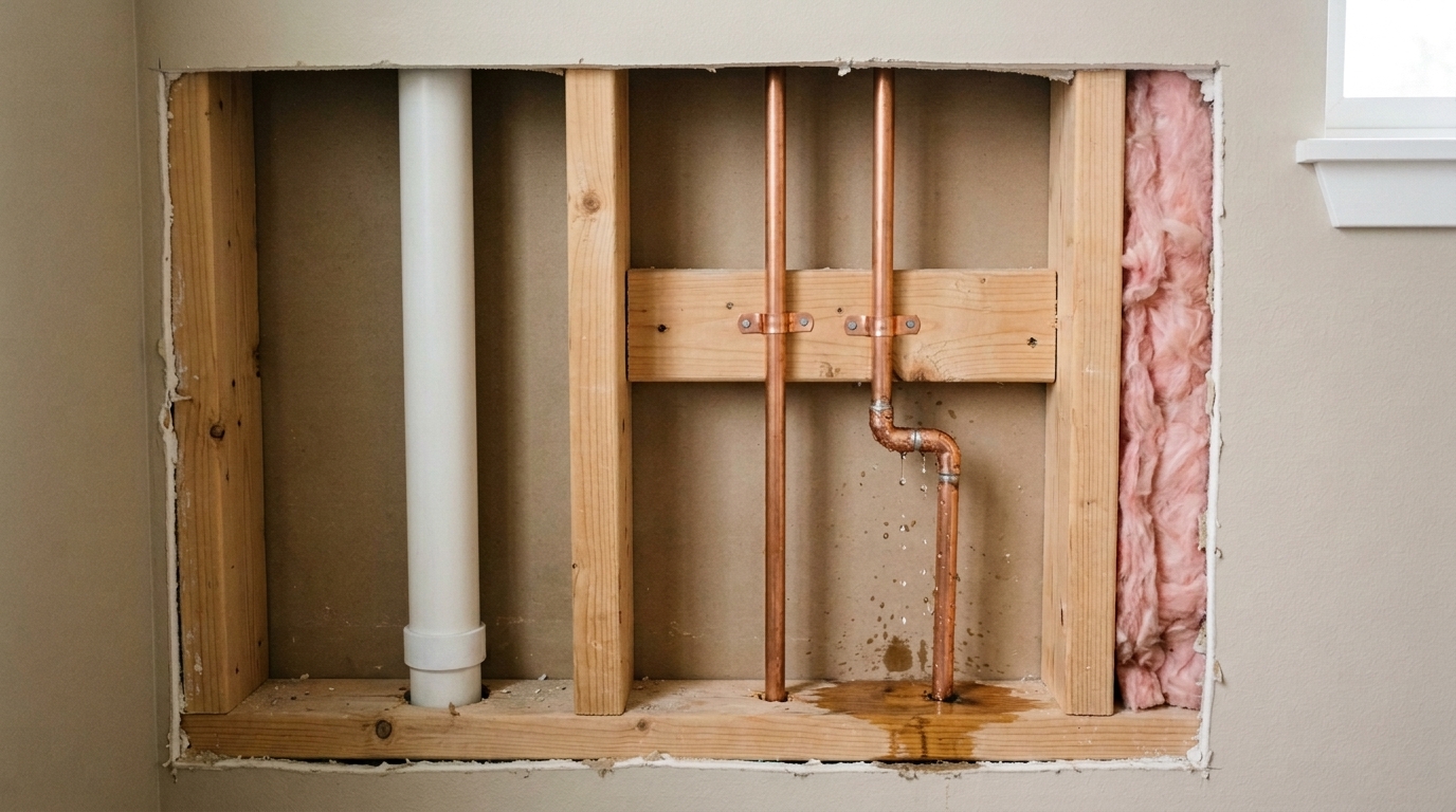 An opening cut in a drywall wall shows wooden studs, a wooden crosspiece, pink insulation, a white plastic drain pipe and two copper pipes clamped to the crosspiece, with water droplets falling from a bend in one copper pipe and a wet stain spreading across the wooden board at the bottom of the opening.