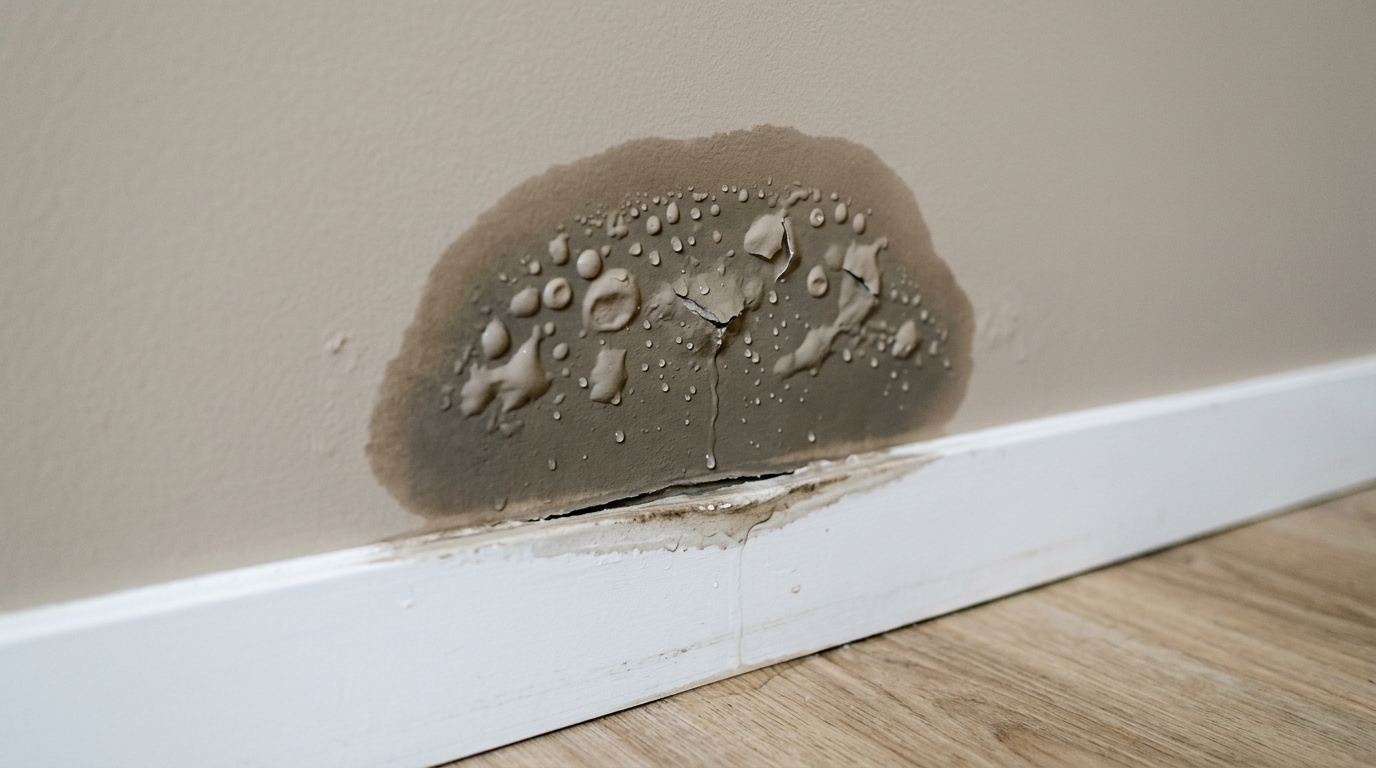 Close-up of the bottom of a beige painted wall where a darker damp patch is covered in water droplets and irregular paint blisters, some cracked or peeled open, with a trickle running down to the white baseboard, whose top edge has pulled away from the wall.