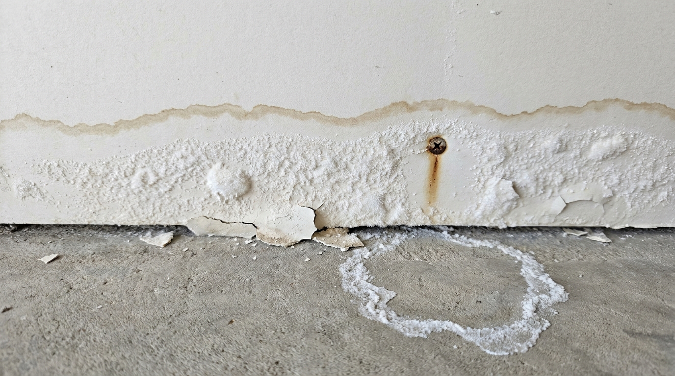 Close-up of the bottom of a painted wall above a concrete slab, with a wavy brown stain line across the paint, a thick white crystalline crust below it, blistered and peeling paint with flakes on the floor, a rusted screw head with a rust streak running down from it, and a ring of dried white crust on the concrete.