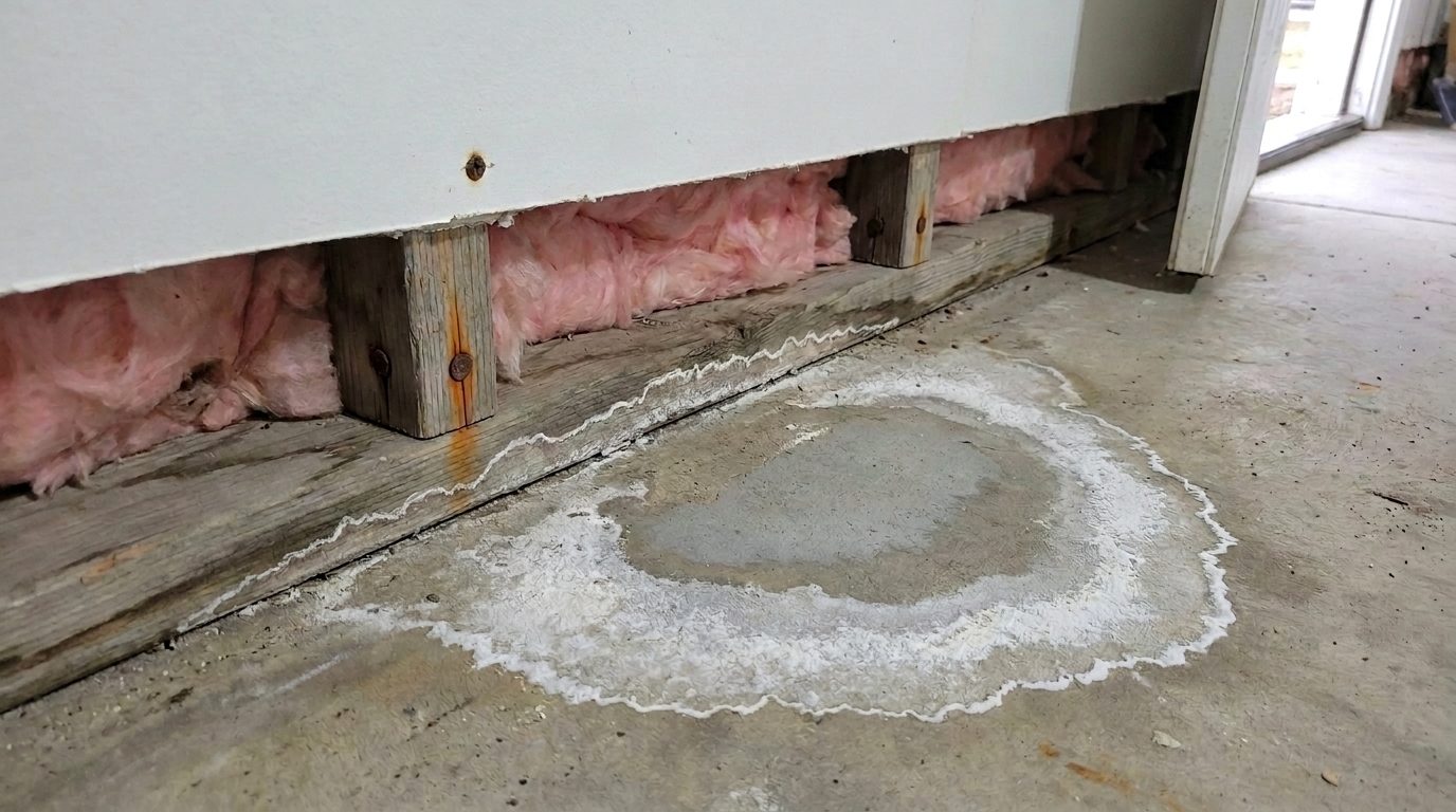 Close-up of the base of a garage wall where the drywall ends above the floor, exposing pink fiberglass insulation, the lower ends of wooden studs with rusted nail heads and orange rust streaks, a weathered wooden bottom plate on the concrete slab with a wavy white crust line along it, a rusted screw head in the drywall above, and a large ring of dried white crust around a damp gray patch on the concrete, with an open door at the right.