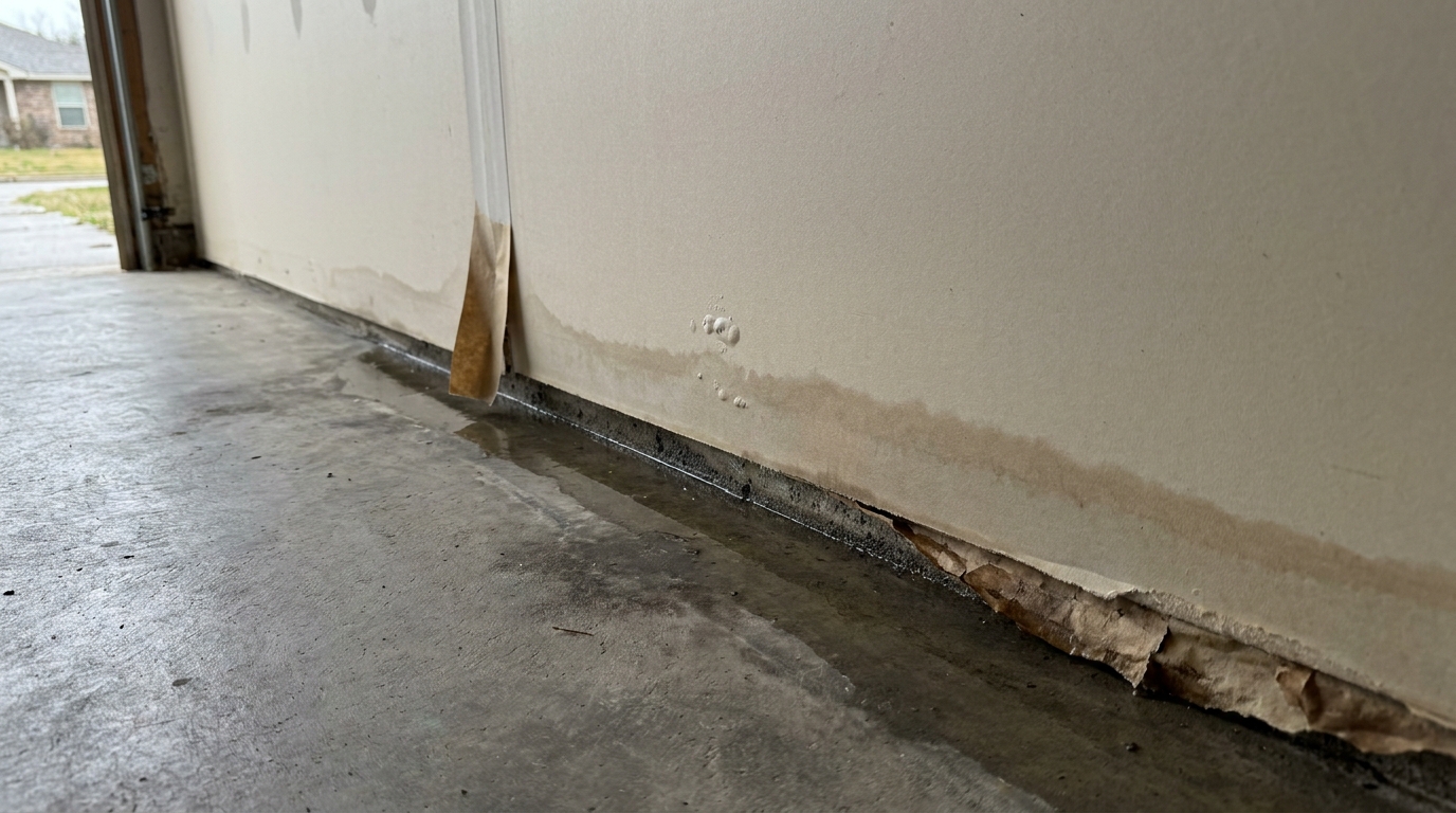 The bottom of a painted garage wall beside wet concrete, with a brownish water stain along the base of the drywall, small bubbles in the paint, a strip of joint tape hanging loose, and the paper facing torn and peeling along the bottom edge of the board.