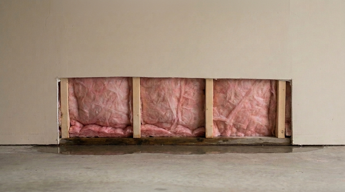 A strip of drywall cut away from the bottom of a beige garage wall, exposing wooden studs, pink fiberglass insulation and a water-darkened wooden bottom plate, with a puddle on the concrete floor in front.