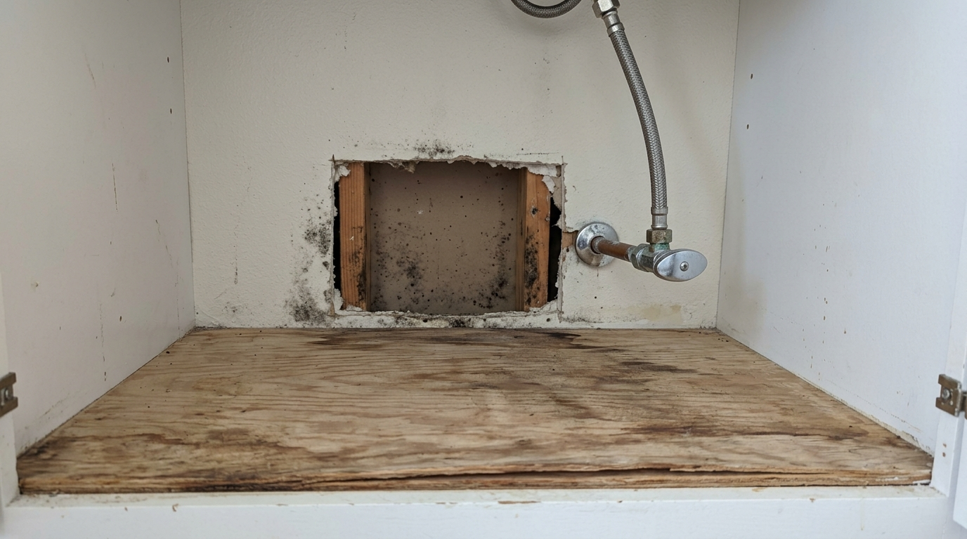 An open white base cabinet with a water-stained plywood floor and a rectangular hole in the back wall showing two wooden studs, with dark mold on the studs and around the hole. A braided steel supply hose rises from a shutoff valve with a chrome handle on a copper pipe.