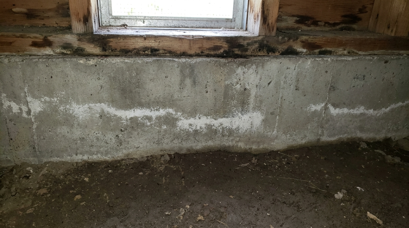A crawlspace concrete foundation wall with flat white mineral streaks across its face, under a wooden sill and framing darkened by moisture with patches of dark mold, below a small crawlspace window, with damp bare soil in front.