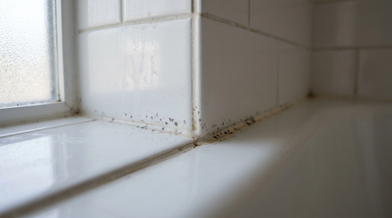 Dark speckled surface growth spreading flat along the grout line and caulk bead of a white tiled bathroom corner, with the glossy tile faces still clean.