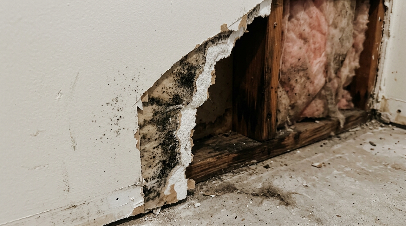 A strip of drywall cut away at floor level in an older home, showing dark growth running through the paper backing and gypsum core, alongside scattered dark speckling on the intact painted wall face.