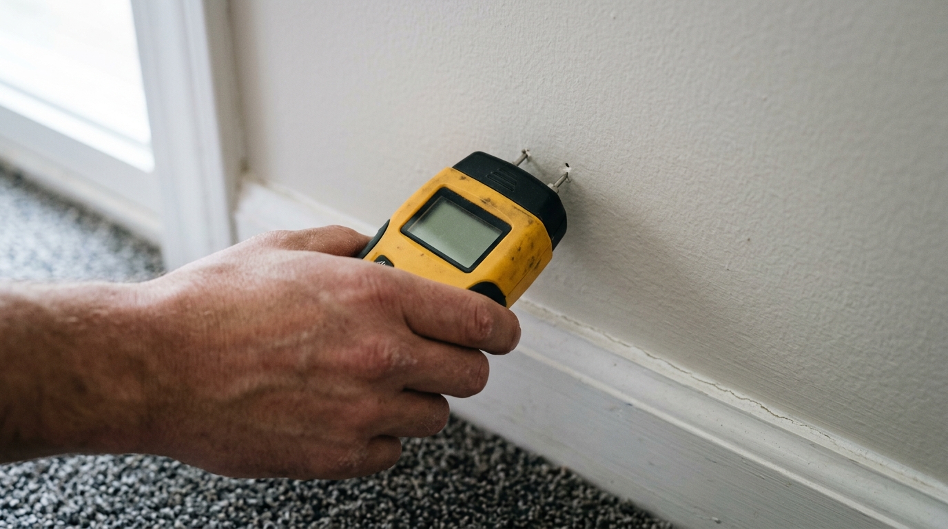 A plain pin-type moisture meter held against painted interior drywall at hand height, its two metal pins set into the wall surface, with a blank display.