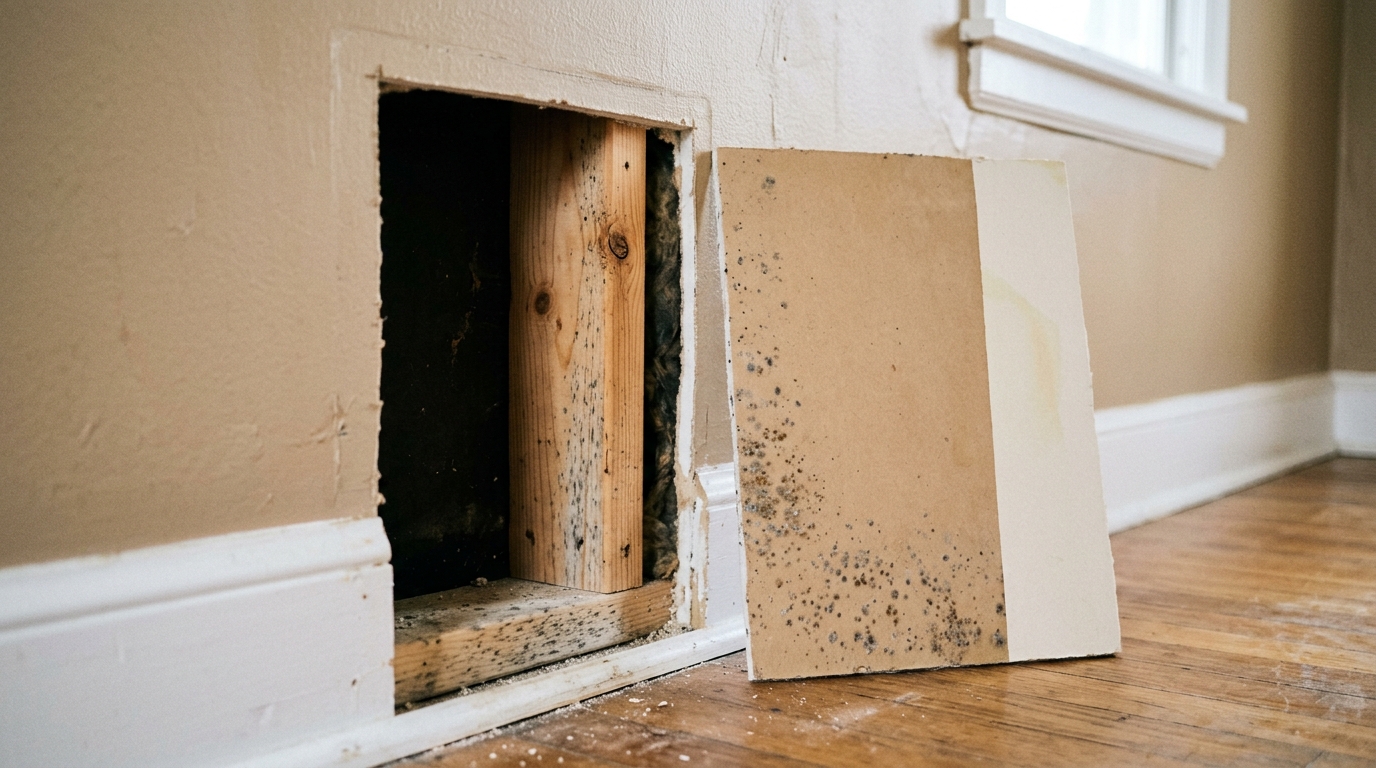 A small rectangular inspection opening cut low in a wall above the baseboard, with the removed piece of drywall leaning beside it showing patchy early-stage grey and dark speckling across part of its back paper face.