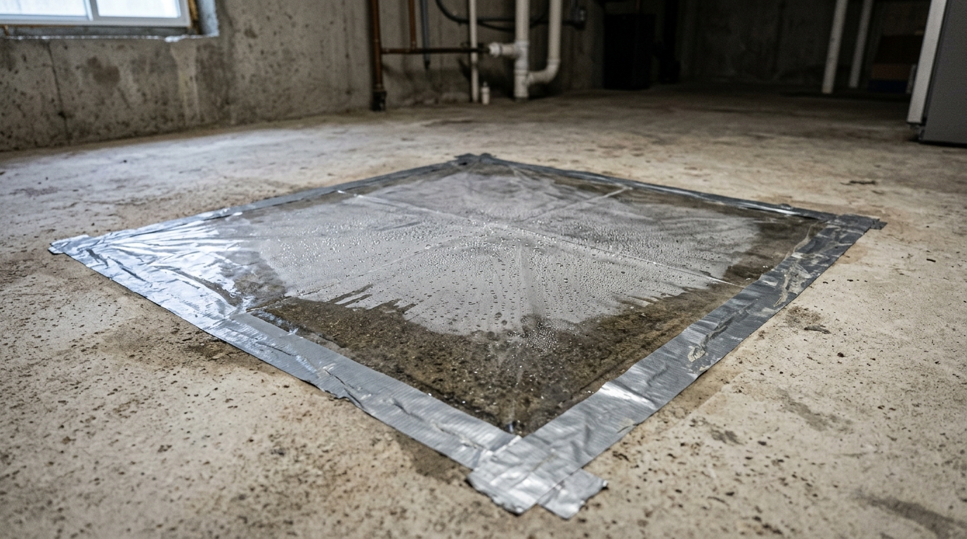 A clear plastic sheet taped flat to a bare concrete basement floor with condensation formed underneath it and the concrete beneath darkened compared to the surrounding dry floor.