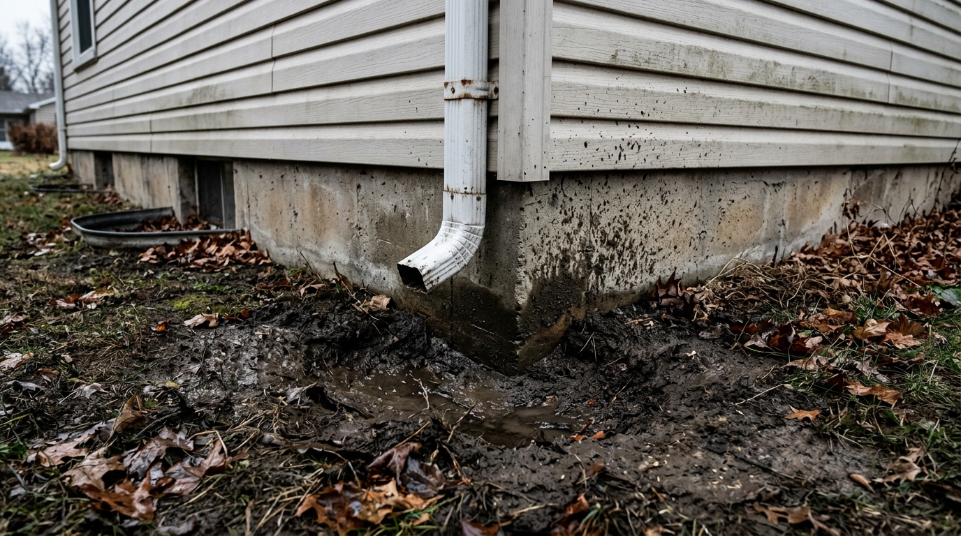 A downspout ending a few inches above the ground with no extension or splash block, discharging into an eroded saturated hollow directly against a house foundation.