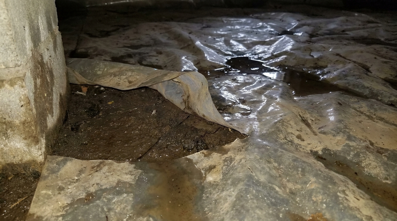 Water pooled on top of a wrinkled crawl space vapor barrier, with saturated soil showing through a torn seam