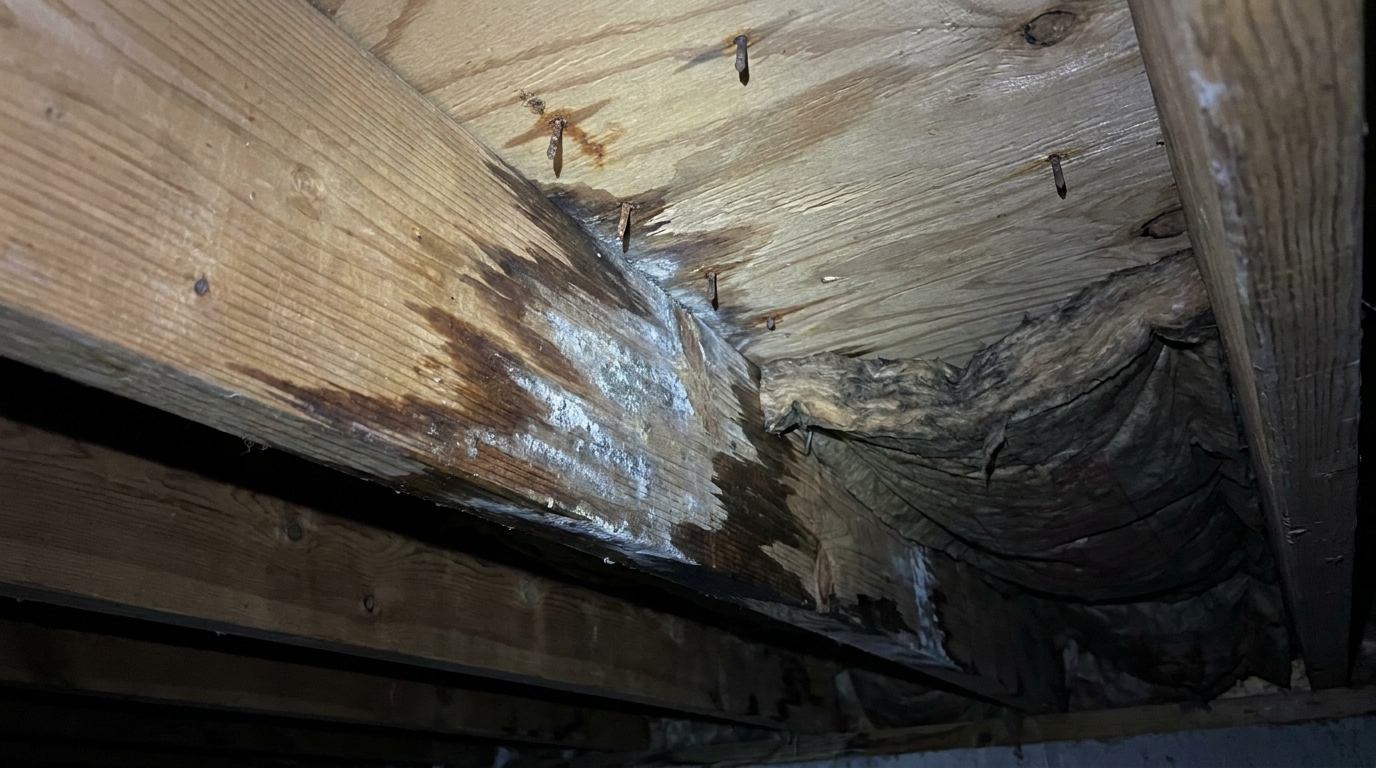 Moisture staining and early surface growth on a crawl space floor joist and subfloor, with rusted nail heads