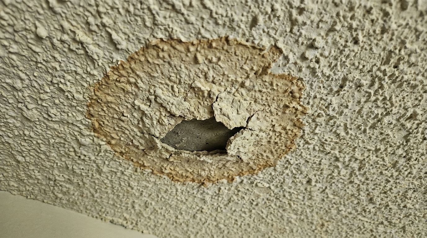 Close view of a yellowed popcorn ceiling with a brown water stain ring, and inside the stain a hand-sized patch where the texture has crumbled away to bare gray board.