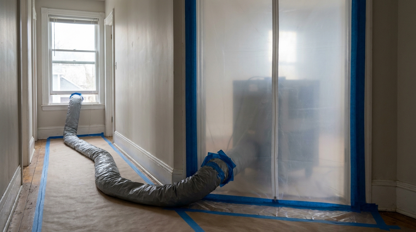 A flexible exhaust duct runs from a negative air machine inside a taped, zippered plastic containment barrier, across a protected hallway floor, and through a sealed plywood panel in a window to vent filtered air outside during asbestos abatement.