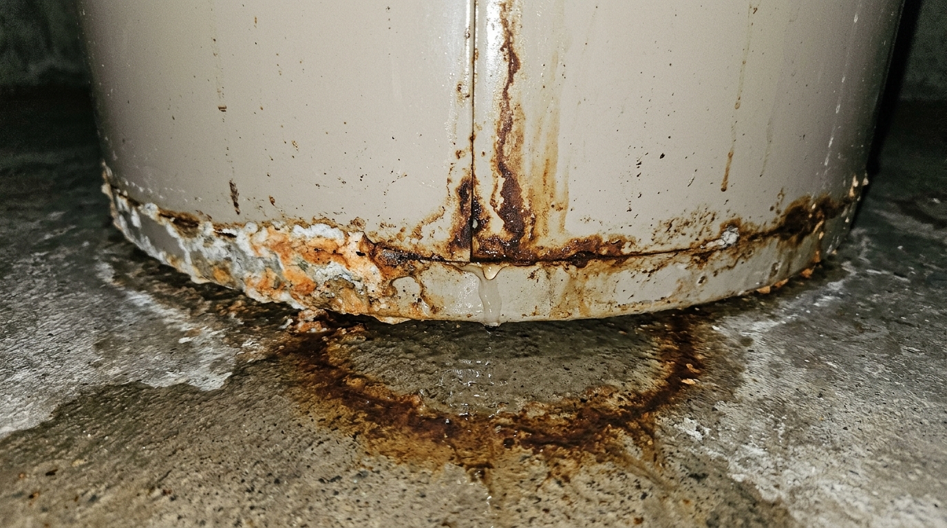 Close-up of the rusted bottom rim of a water heater tank with orange and white mineral crust built up at its base and a drop of water falling onto rust-stained concrete.