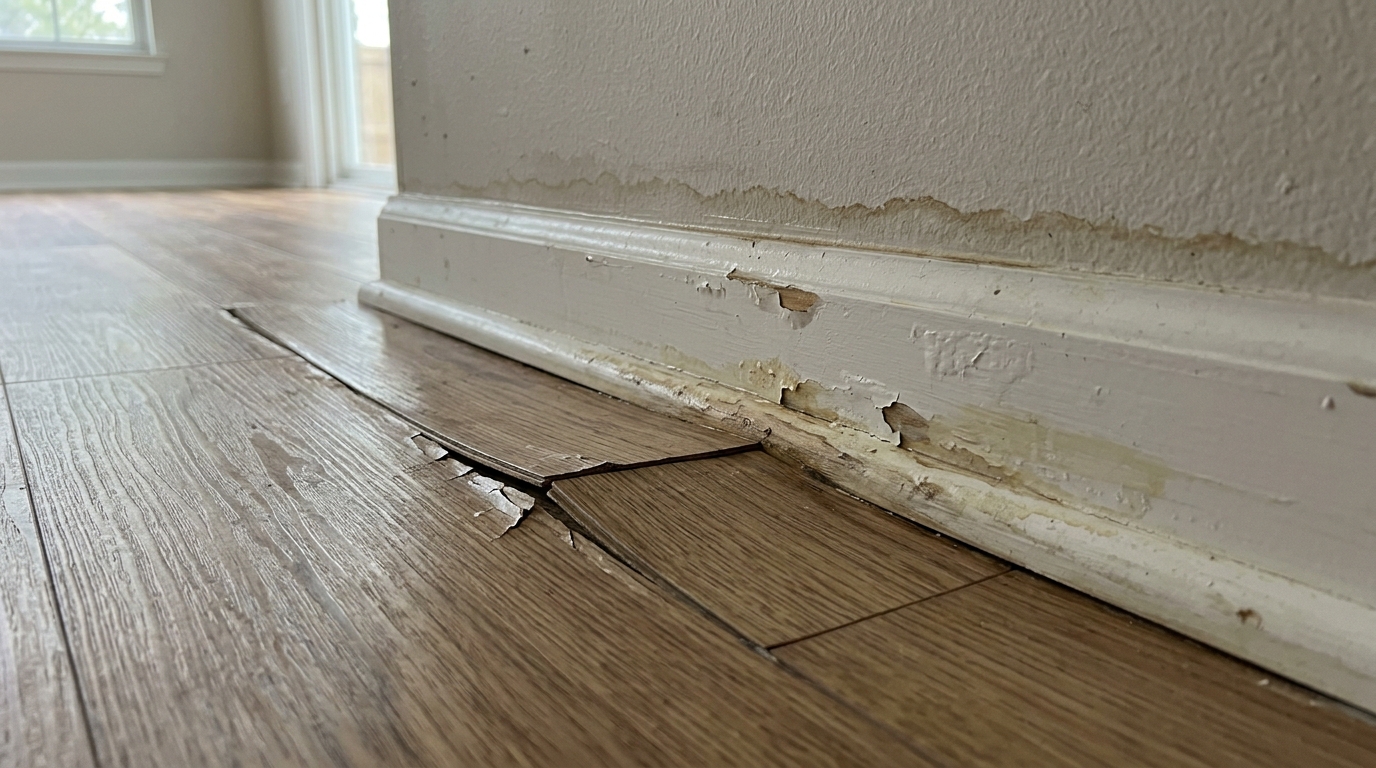 Close-up of laminate plank flooring split and tented where it has separated at a seam, beside a white baseboard with blistered, flaking paint and a brown tide line staining the drywall above it.