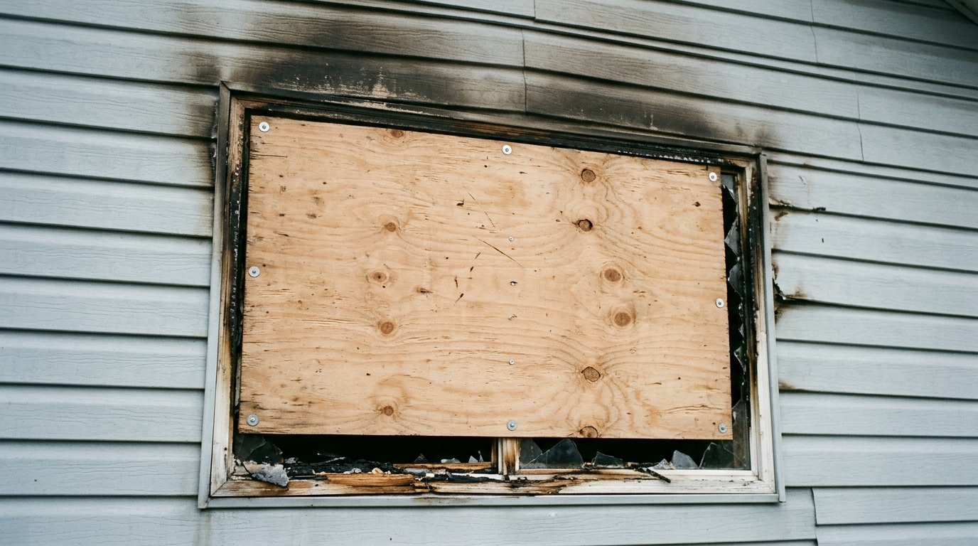 A sheet of plywood screwed with washers over a window opening on a fire-damaged house, soot staining fanning up the siding above it, with broken glass and a charred window frame at the edge.