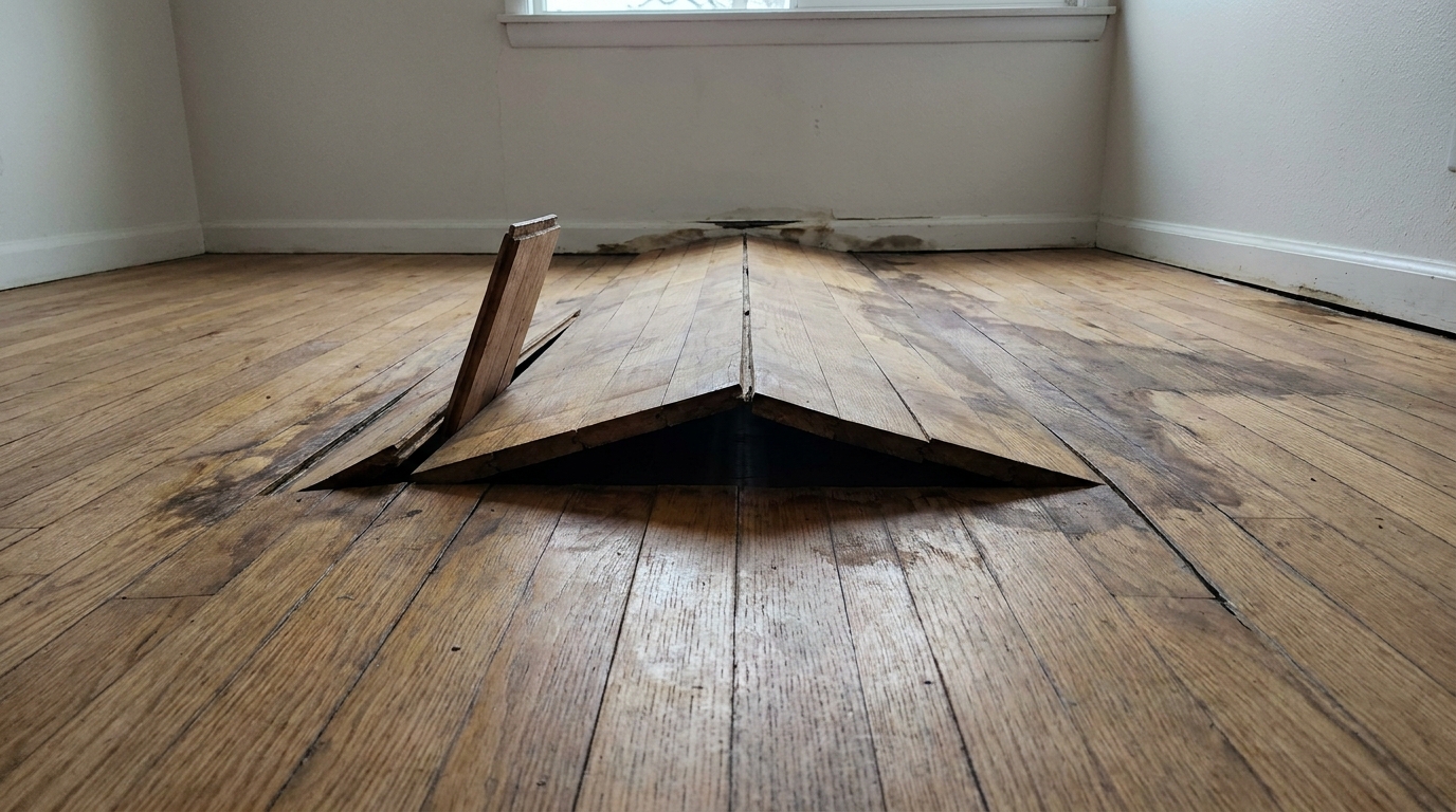 An oak strip floor seen from knee height where a run of boards has lifted off the subfloor into a tented ridge several inches high with a dark void beneath it, one board sprung loose and standing at an angle, dark water staining across the boards and along the base of the wall behind, and flat undamaged flooring to either side