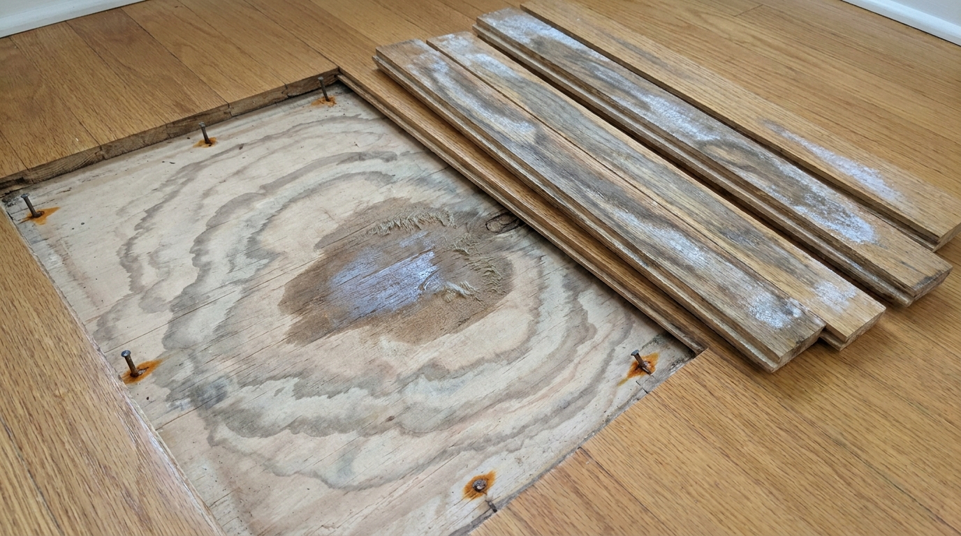Hardwood boards lifted out to expose gray-brown concentric water tide marks on the plywood subfloor, with matching staining on the undersides of the removed boards and rust rings around the fastener holes