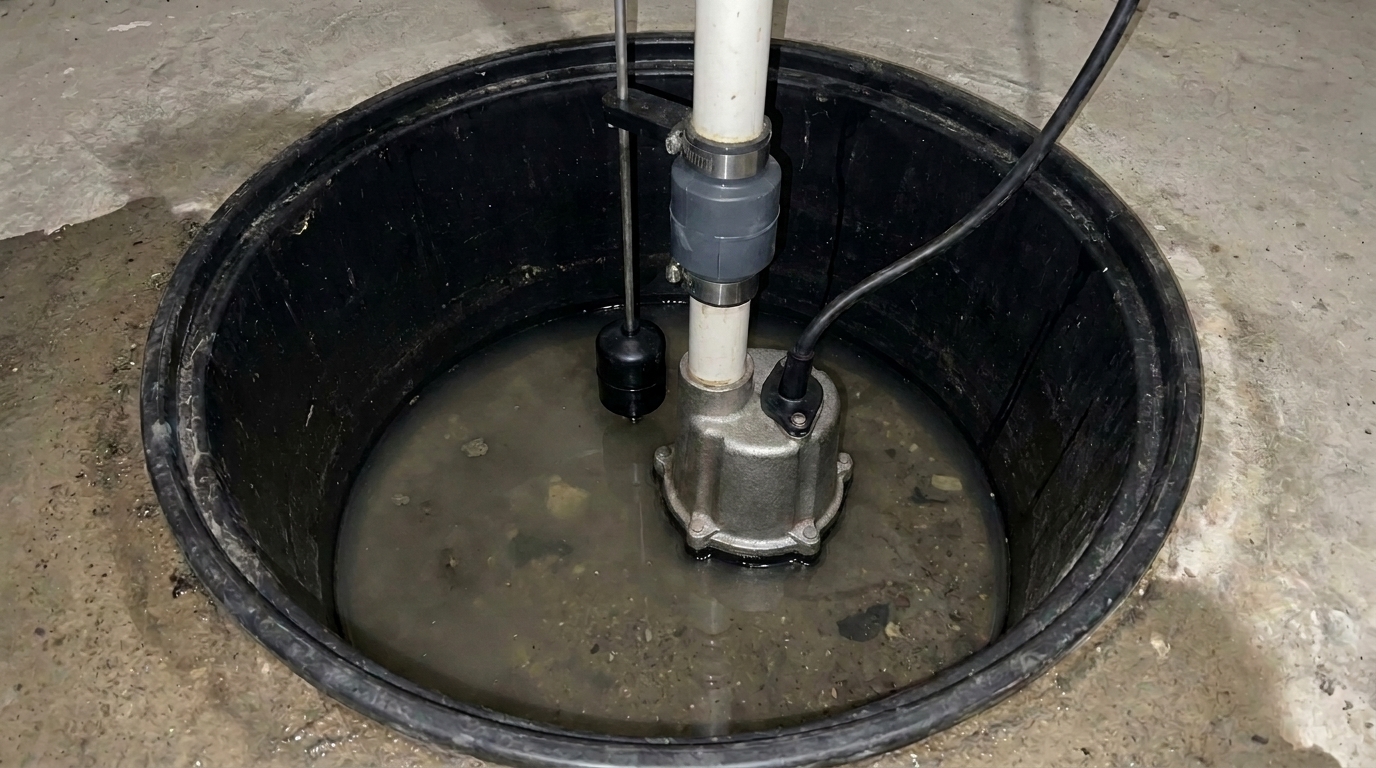Looking down into an open sump pit in a concrete basement floor: the pump sitting in shallow silty water, a black float on a vertical rod beside it, a grey inline check valve on the white discharge pipe, and the power cord running up out of the pit