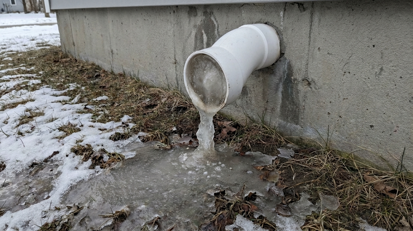 White PVC sump pump discharge pipe coming out of a house foundation, its mouth icing over, with a column of ice running down to a refrozen patch on snowy ground