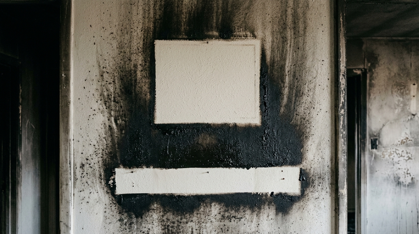 Close view of an interior wall coated in greasy black smoke residue, with a clean rectangle where a picture frame hung and a clean strip below it where a shelf sat, soot feathering outward around both.